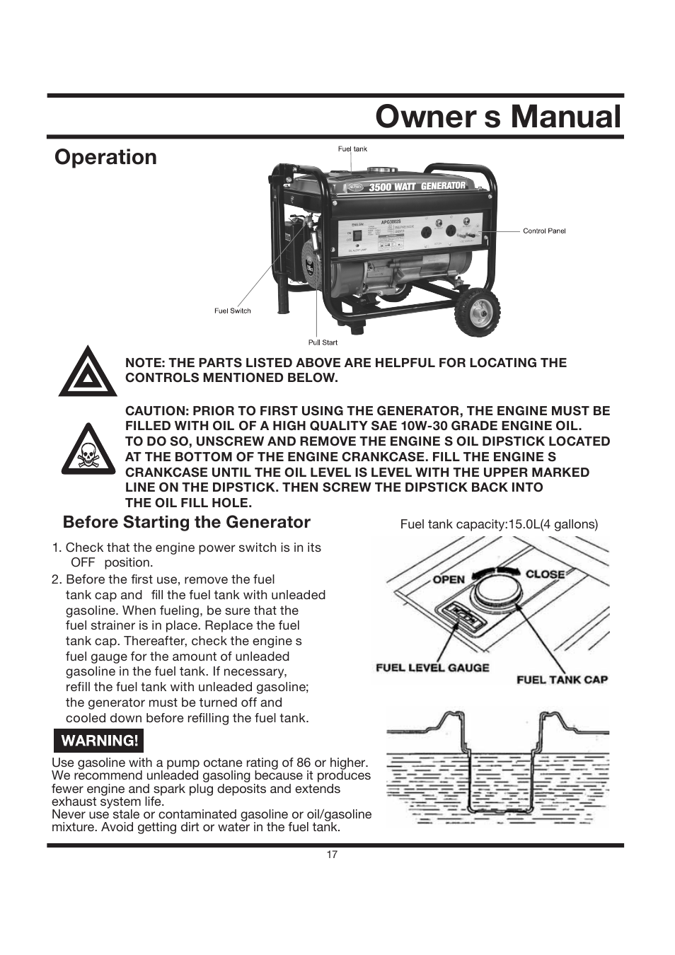 Owner’s manual, Operation, Before starting the generator | All Power APG3002S User Manual | Page 17 / 50