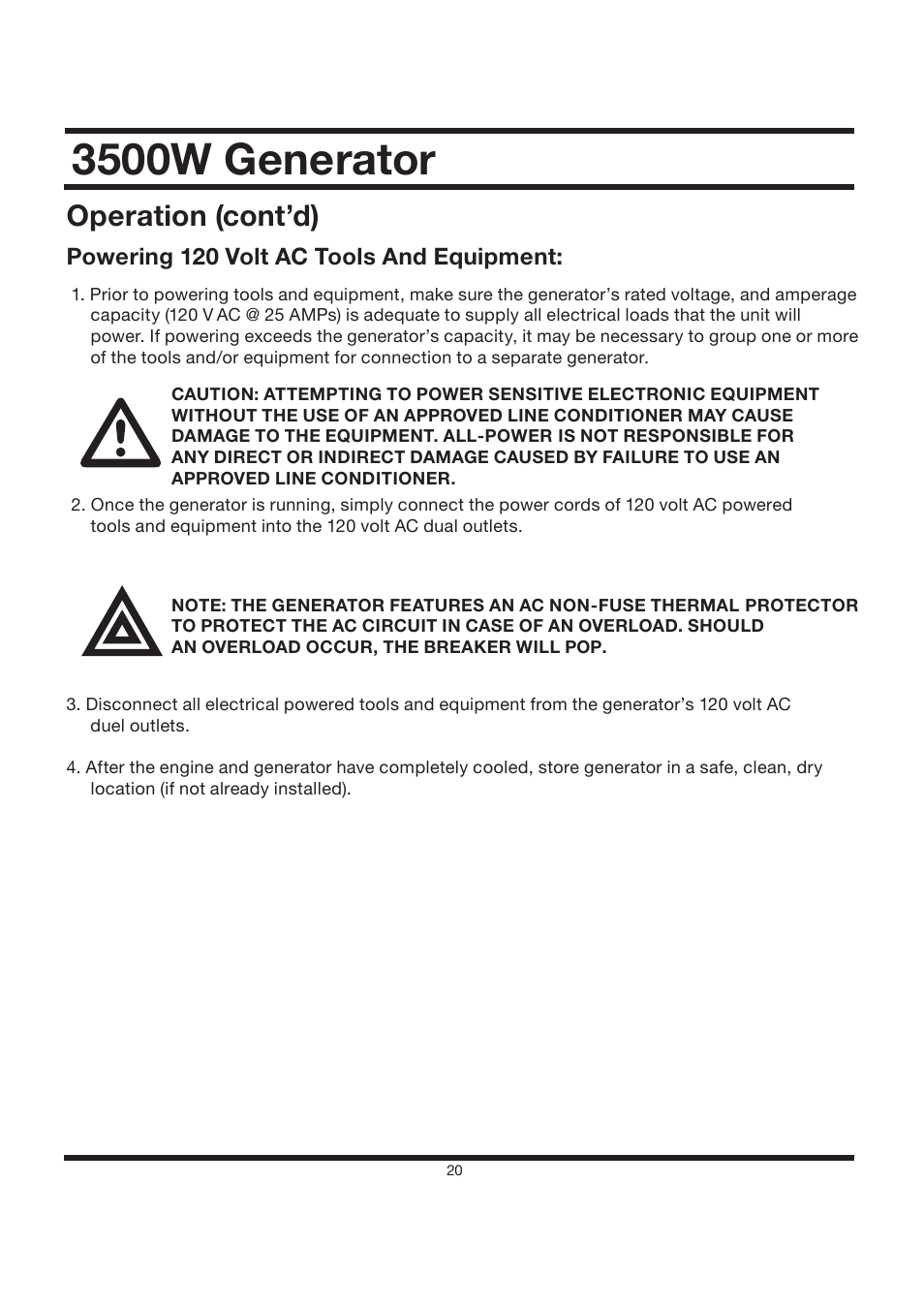 3500w generator, Operation (cont’d) | All Power APG3002S User Manual | Page 20 / 50