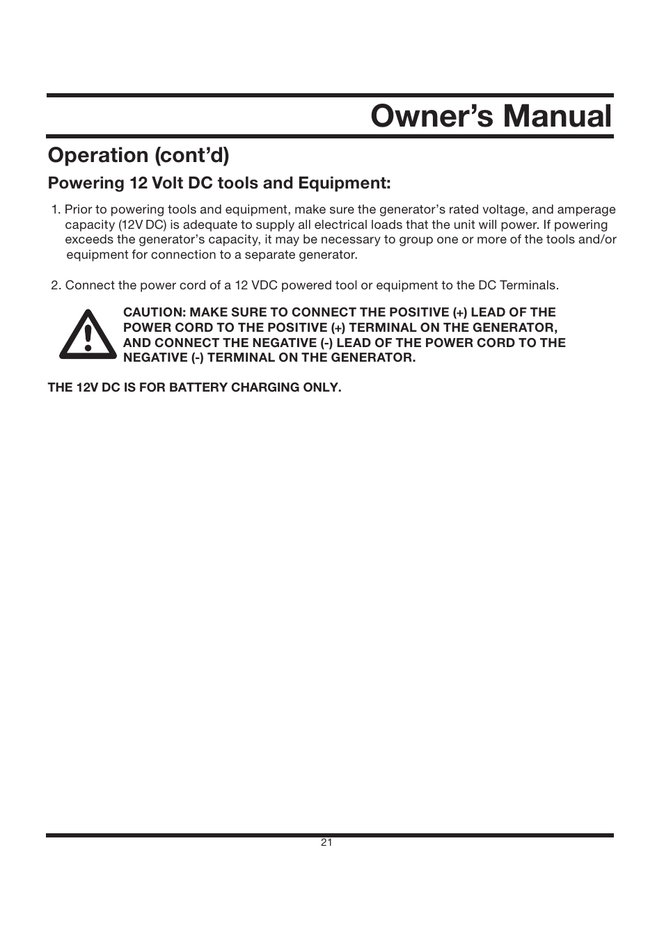 Owner’s manual, Operation (cont’d) | All Power APG3002S User Manual | Page 21 / 50