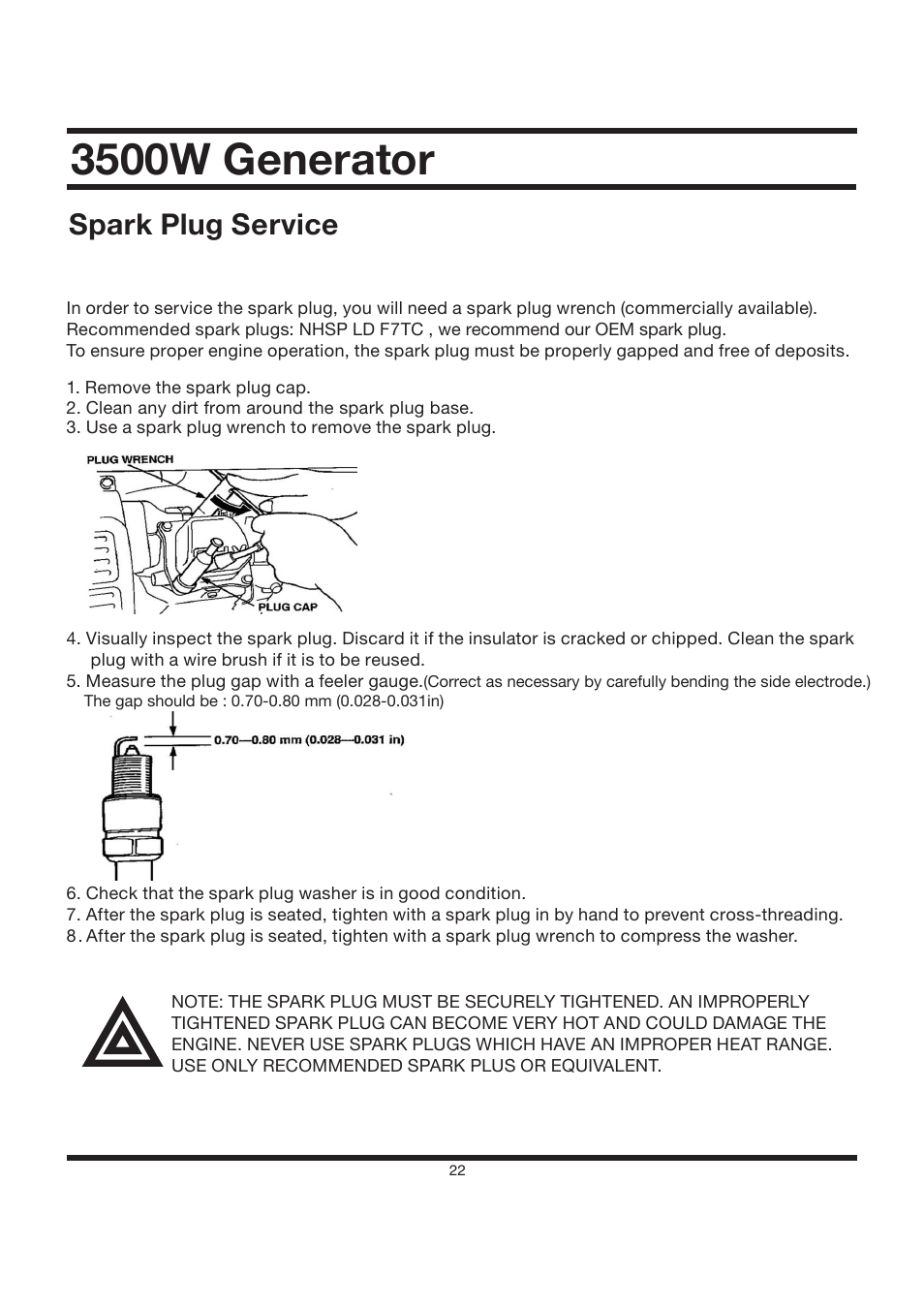 3500w generator, Spark plug service | All Power APG3002S User Manual | Page 22 / 50