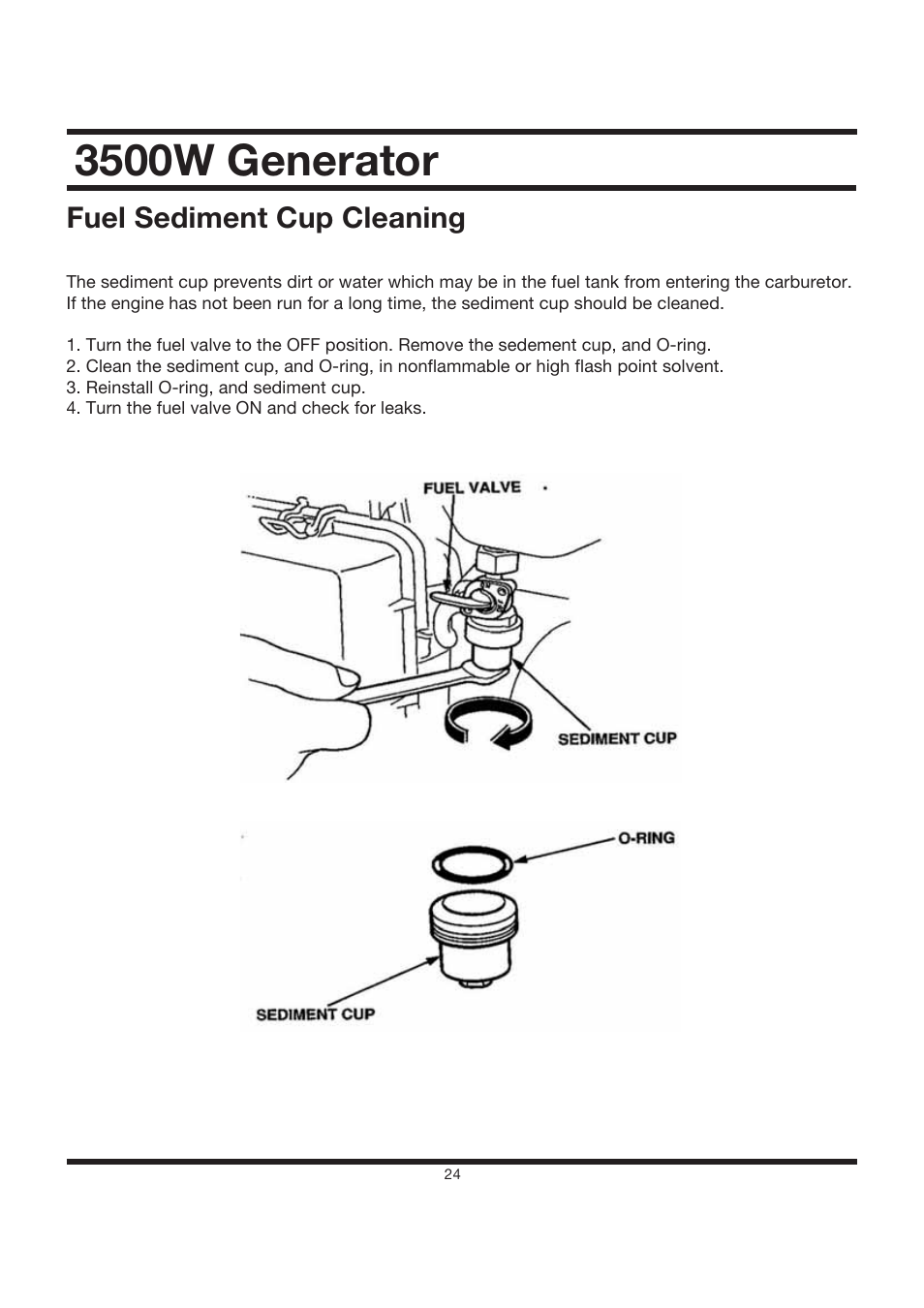 3500w generator, Fuel sediment cup cleaning | All Power APG3002S User Manual | Page 24 / 50