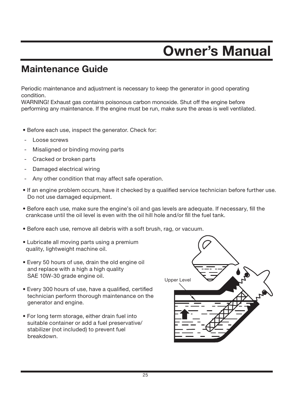 Owner’s manual, Maintenance guide | All Power APG3002S User Manual | Page 25 / 50