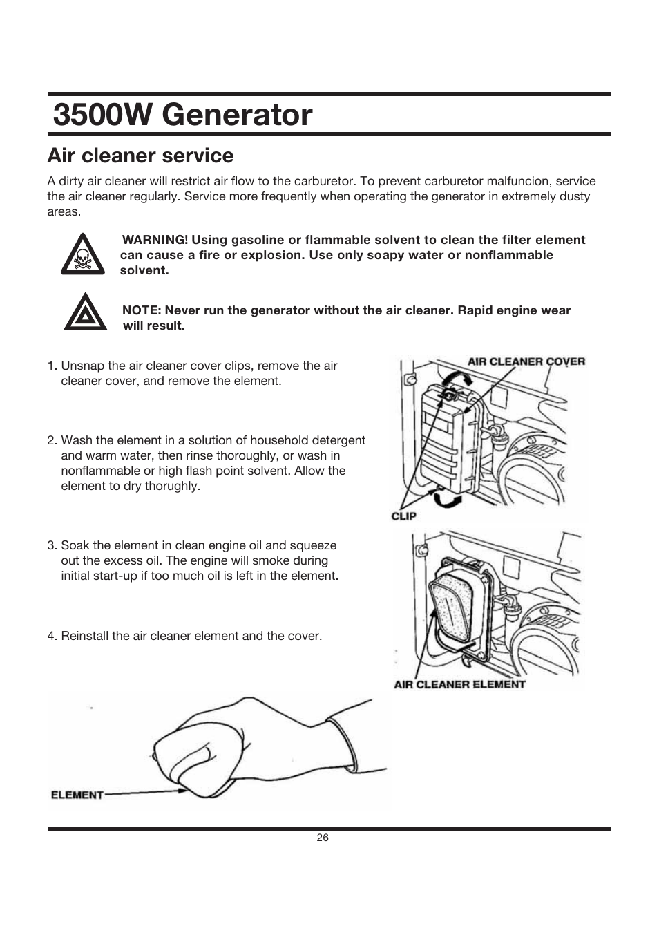 3500w generator, Air cleaner service | All Power APG3002S User Manual | Page 26 / 50