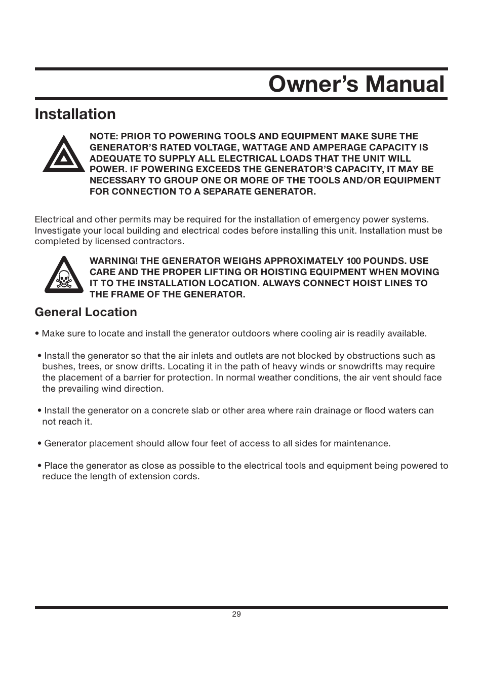 Owner’s manual, Installation, General location | All Power APG3002S User Manual | Page 29 / 50