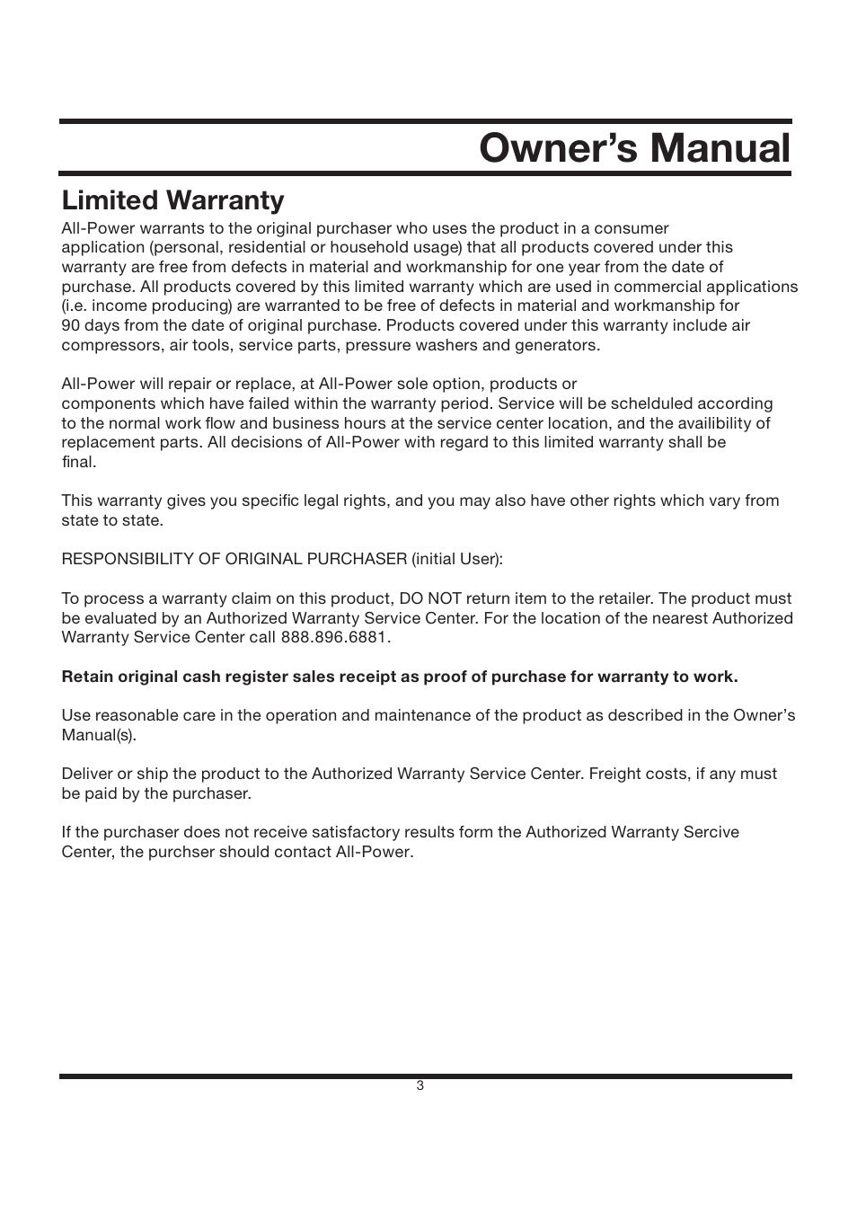 6^uly»z4hu\hs, 3ptp[lk>hyyhu | All Power APG3002S User Manual | Page 3 / 50