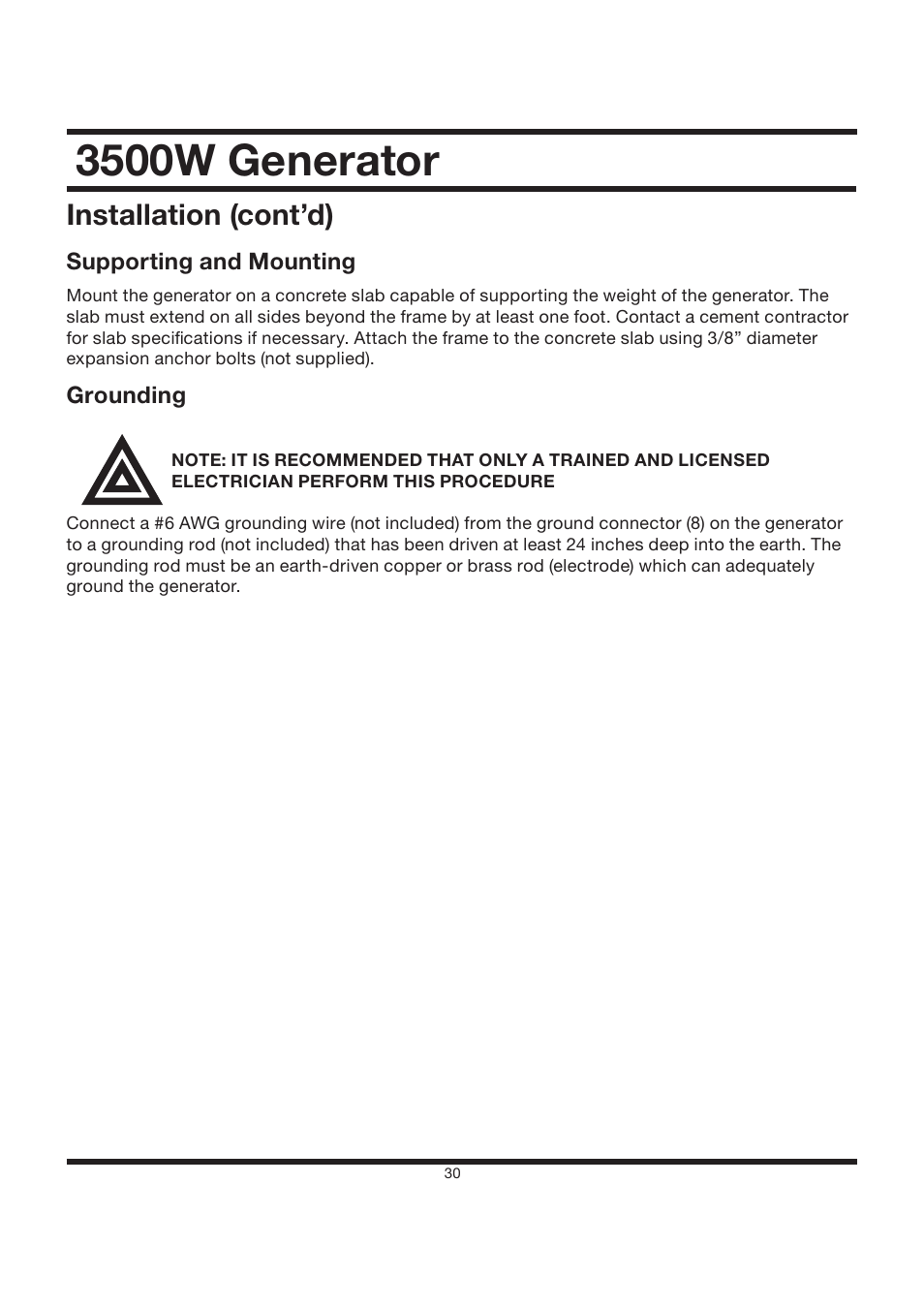 3500w generator, Installation (cont’d) | All Power APG3002S User Manual | Page 30 / 50