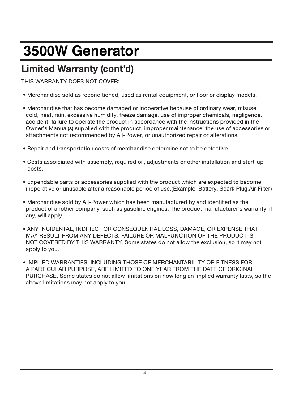 3500w generator | All Power APG3002S User Manual | Page 4 / 50