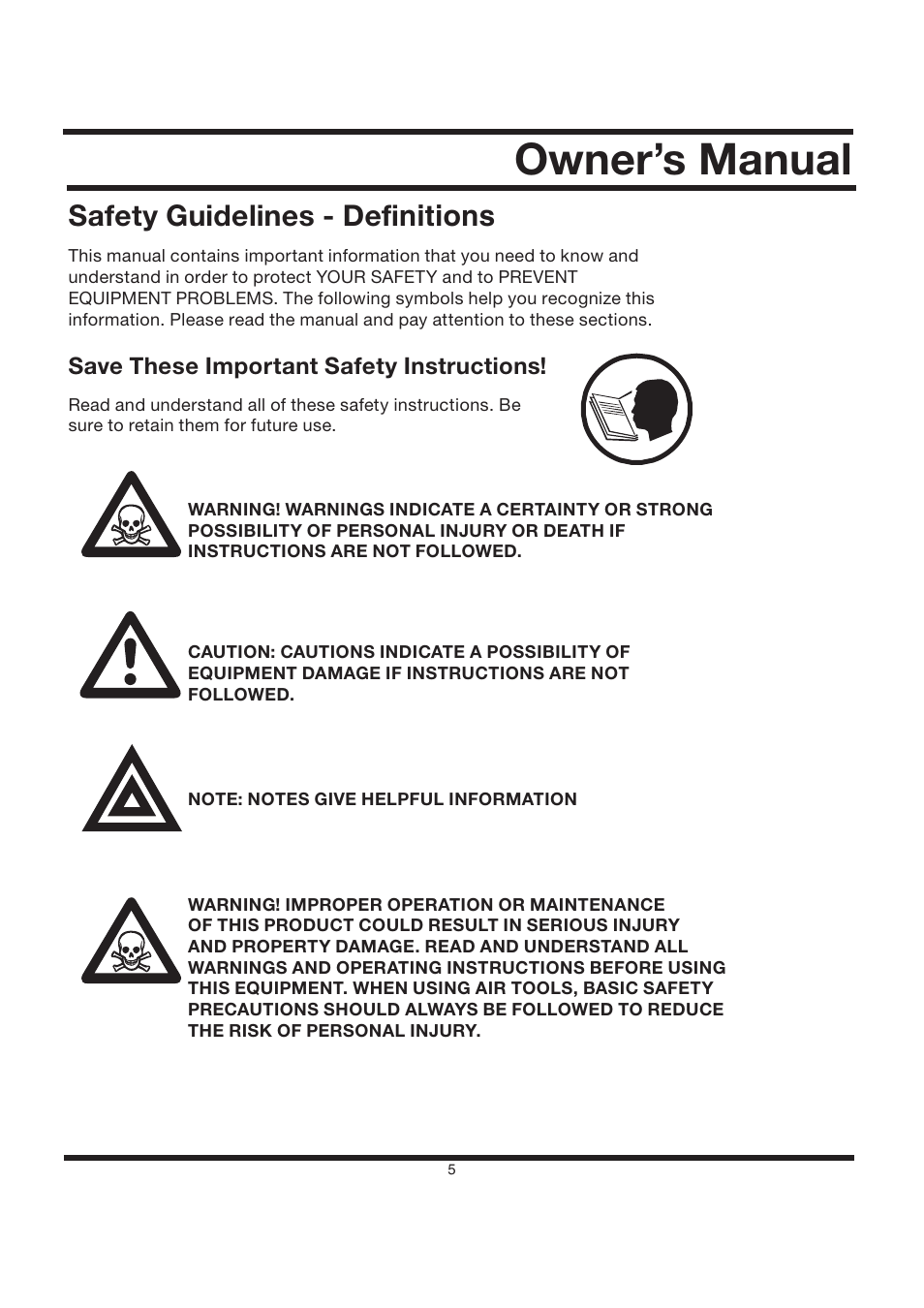 Owner’s manual, Safety guidelines - defi nitions | All Power APG3002S User Manual | Page 5 / 50