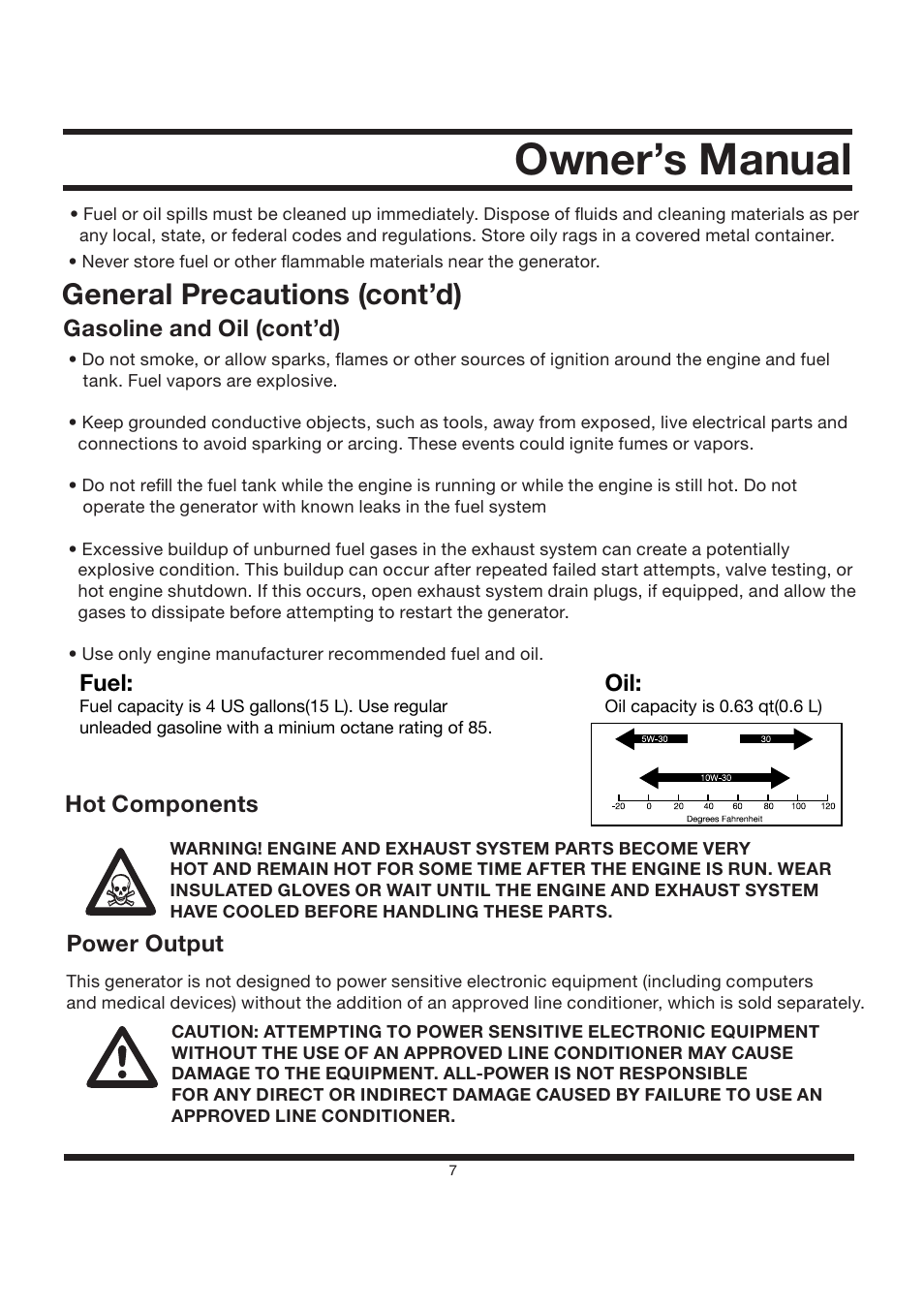 Owner’s manual, General precautions (cont’d) | All Power APG3002S User Manual | Page 7 / 50