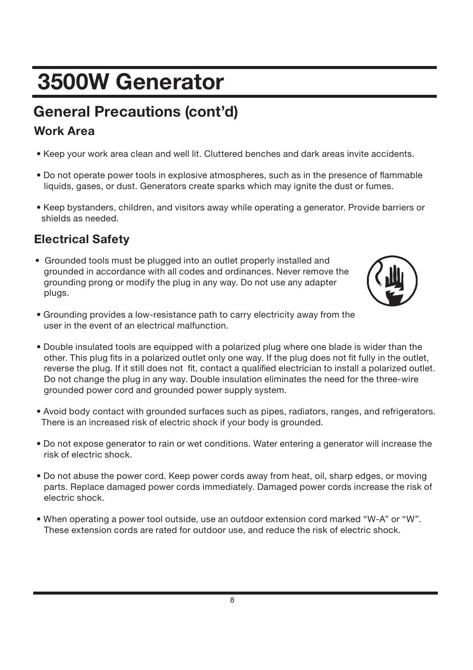 3500w generator, General precautions (cont’d), Work area | Electrical safety | All Power APG3002S User Manual | Page 8 / 50