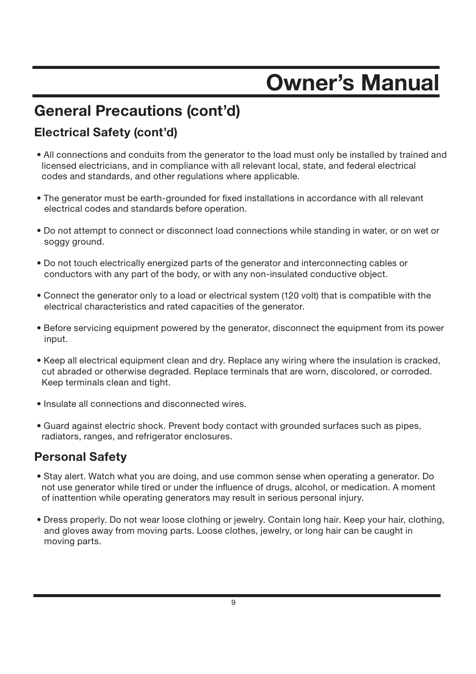 Owner’s manual, General precautions (cont’d), Electrical safety (cont’d) | Personal safety | All Power APG3002S User Manual | Page 9 / 50