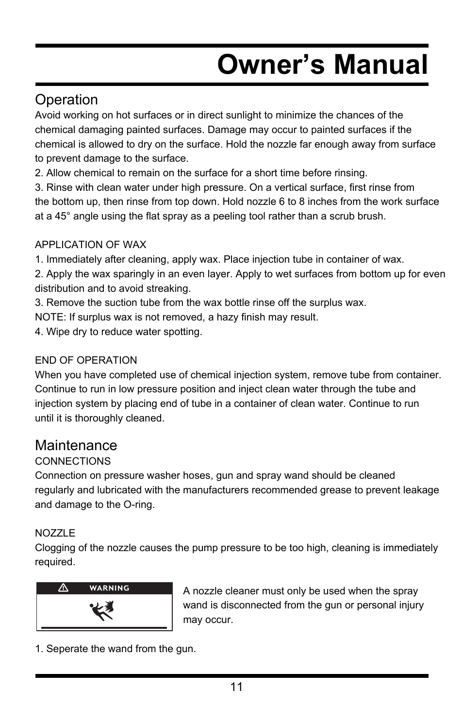 Owner’s manual, Operation, Maintenance | All Power APW5118 User Manual | Page 12 / 23