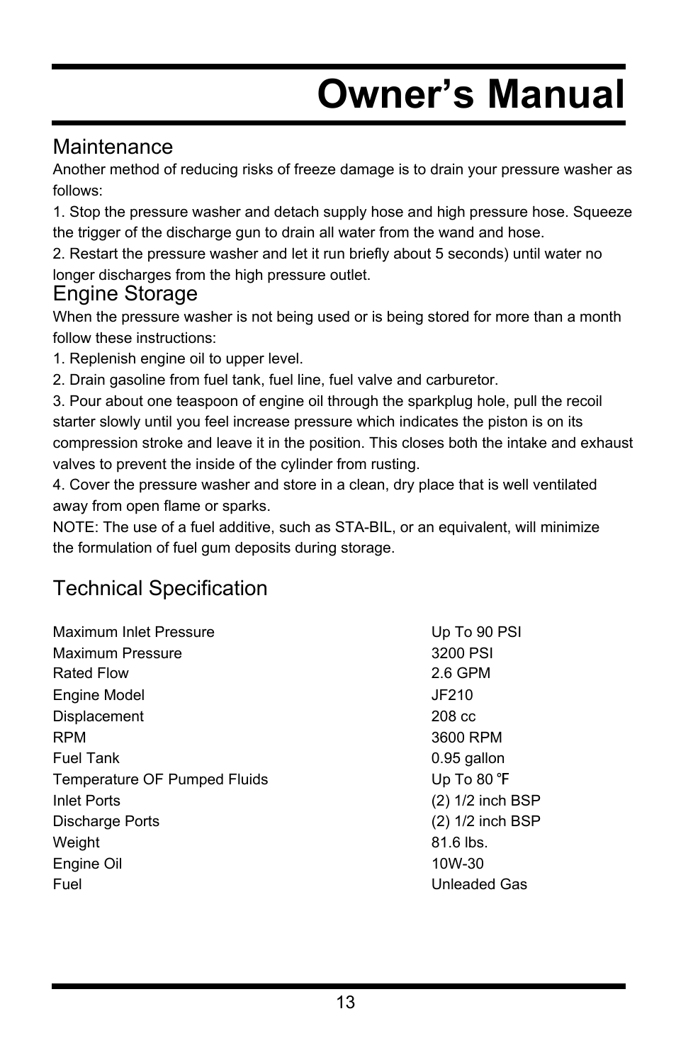 Owner’s manual, Maintenance, Engine storage | Technical specification | All Power APW5118 User Manual | Page 14 / 23