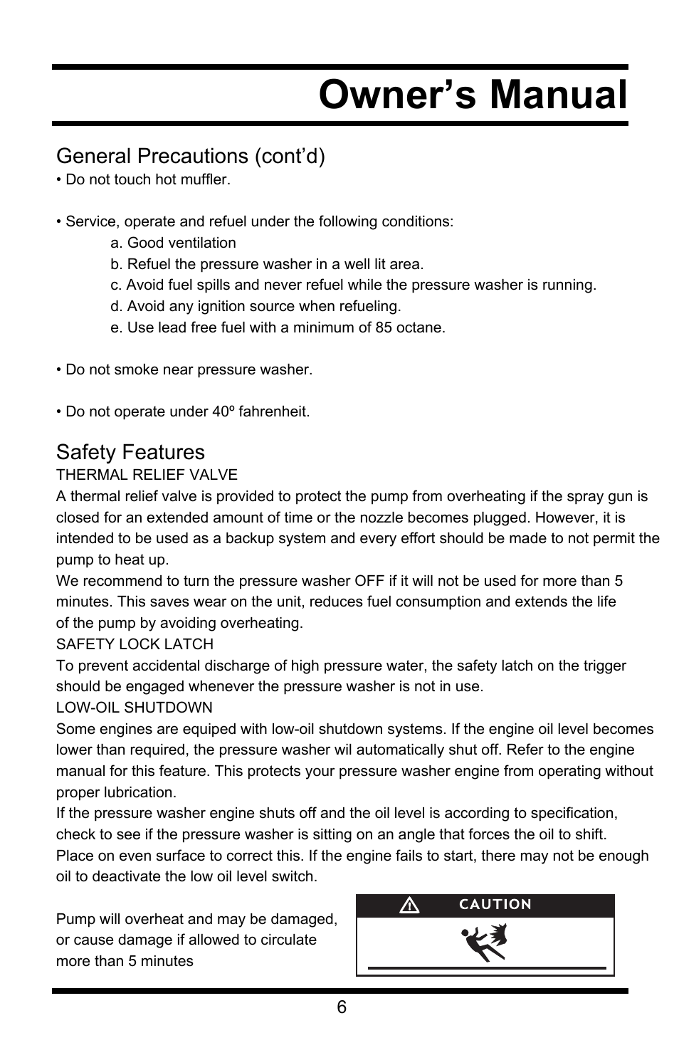 Owner’s manual, General precautions (cont’d), Safety features | All Power APW5118 User Manual | Page 7 / 23