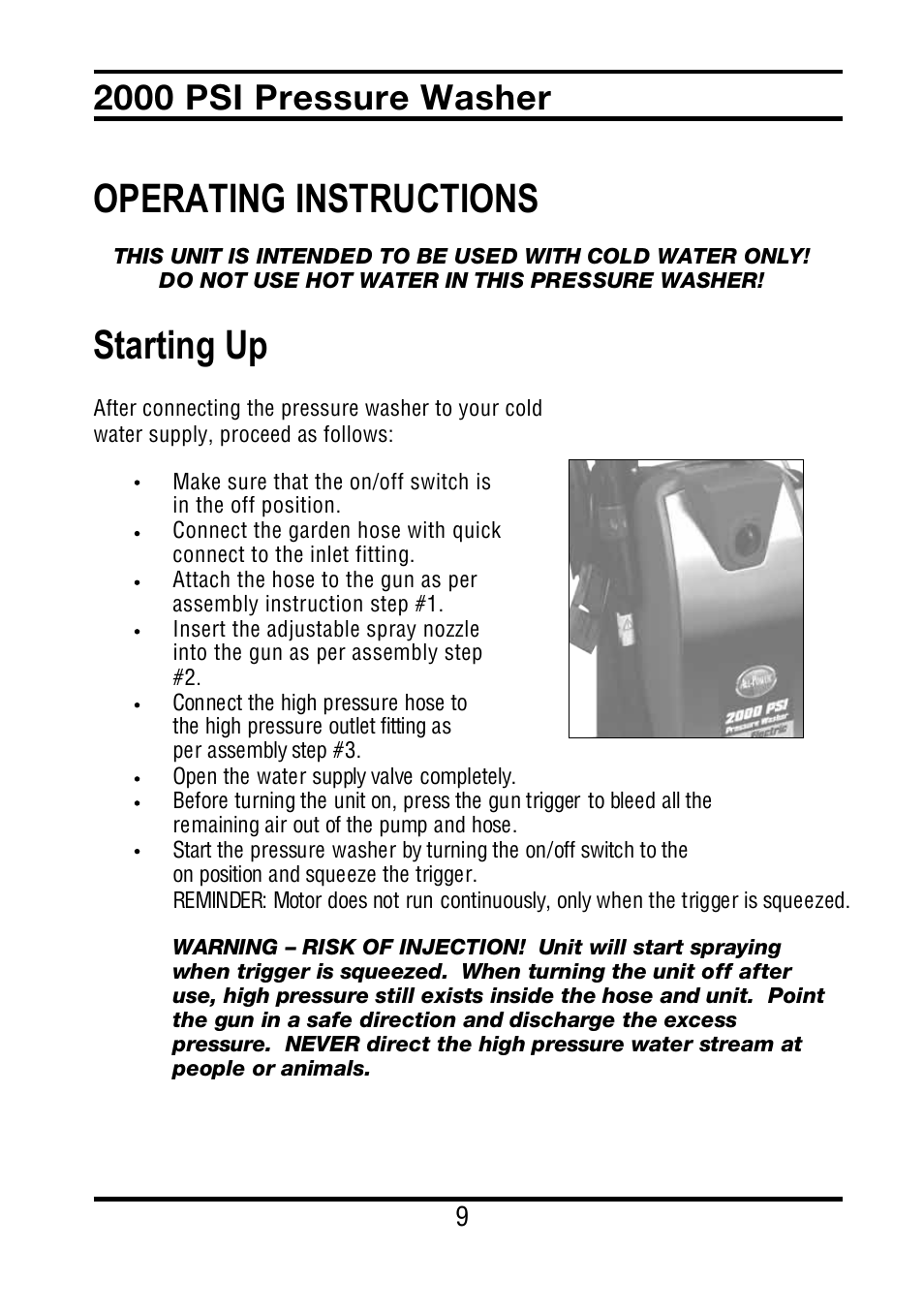 Operating instructions, Starting up, 2000 psi pressure washer | All Power APW5022 User Manual | Page 10 / 24