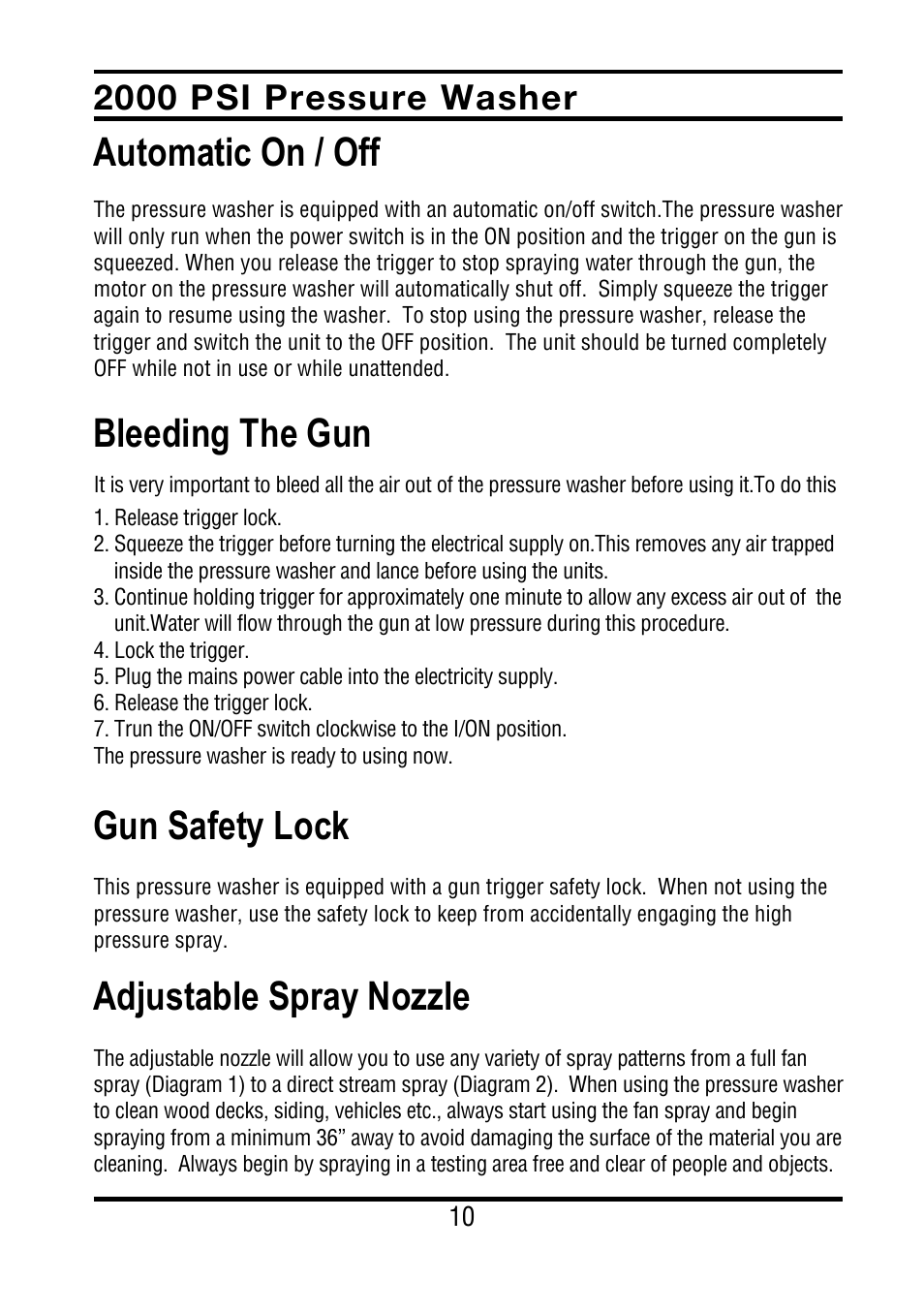 Automatic on / off, Bleeding the gun, Gun safety lock | Adjustable spray nozzle, 2000 psi pressure washer | All Power APW5022 User Manual | Page 11 / 24
