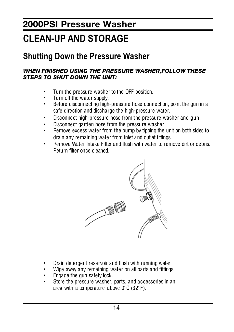 Clean-up and storage, Shutting down the pressure washer, 2000psi pressure washer | All Power APW5022 User Manual | Page 15 / 24
