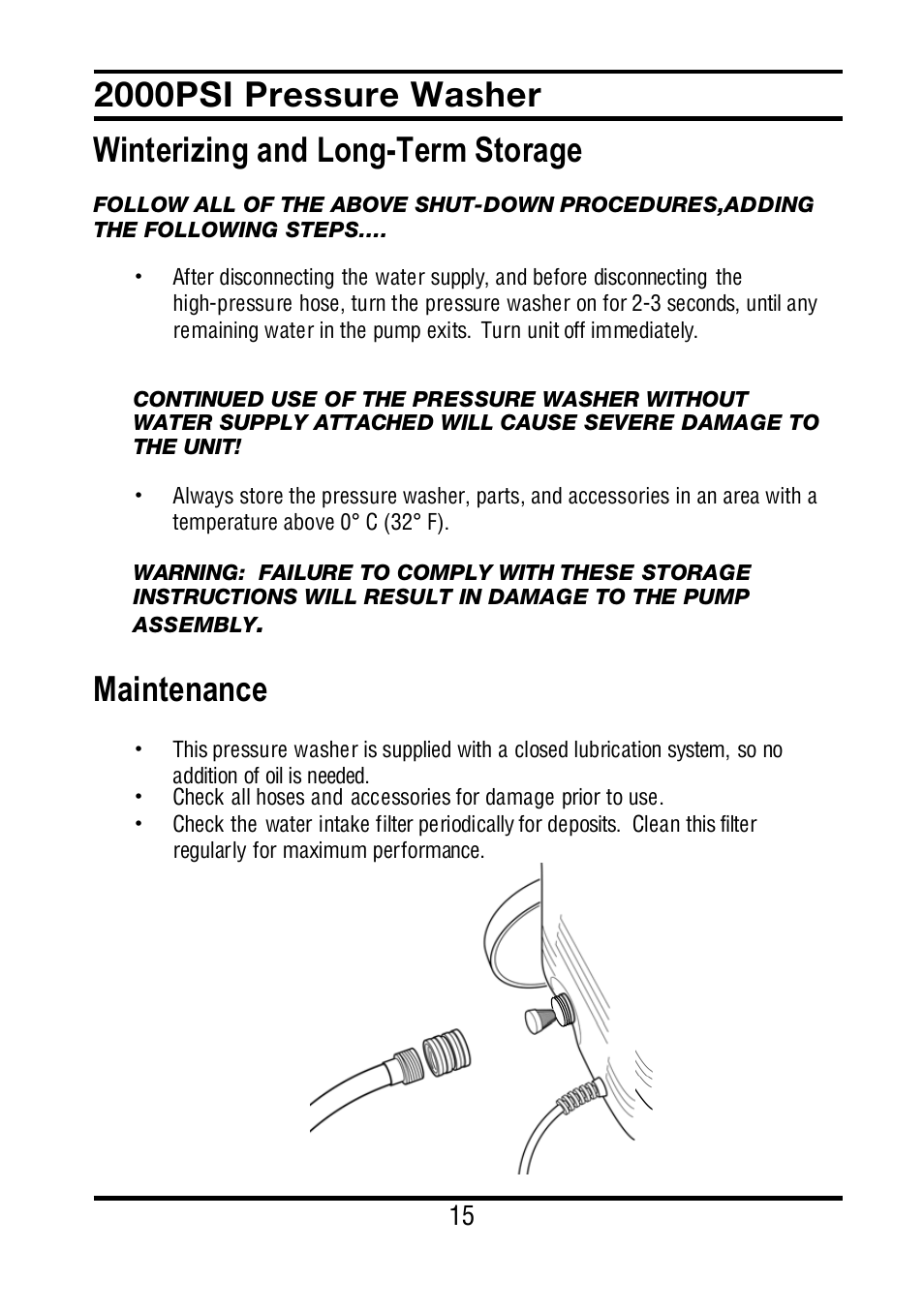 Winterizing and long-term storage, Maintenance, 2000psi pressure washer | All Power APW5022 User Manual | Page 16 / 24