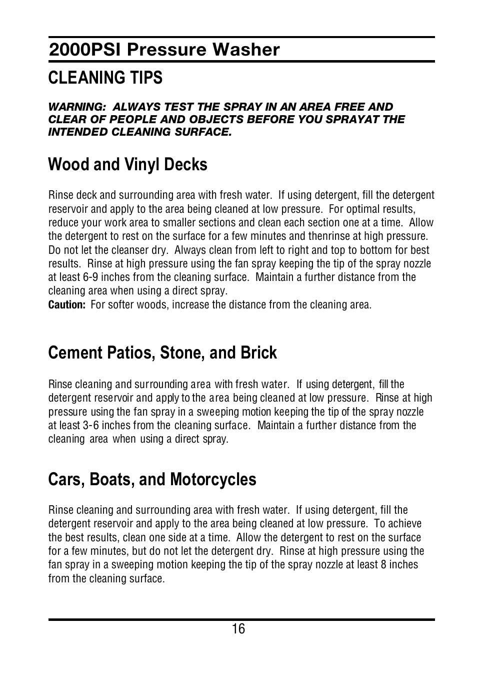Cleaning tips, Wood and vinyl decks, Cement patios, stone, and brick | Cars, boats, and motorcycles, 2000psi pressure washer | All Power APW5022 User Manual | Page 17 / 24