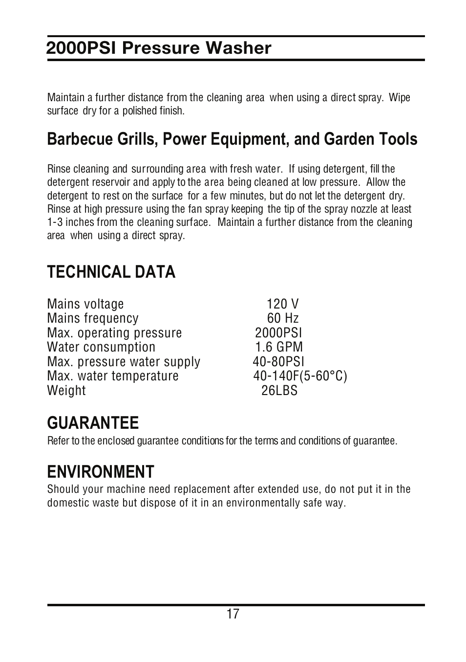 Barbecue grills, power equipment, and garden tools, Technical data guarantee, Environment | 2000psi pressure washer | All Power APW5022 User Manual | Page 18 / 24