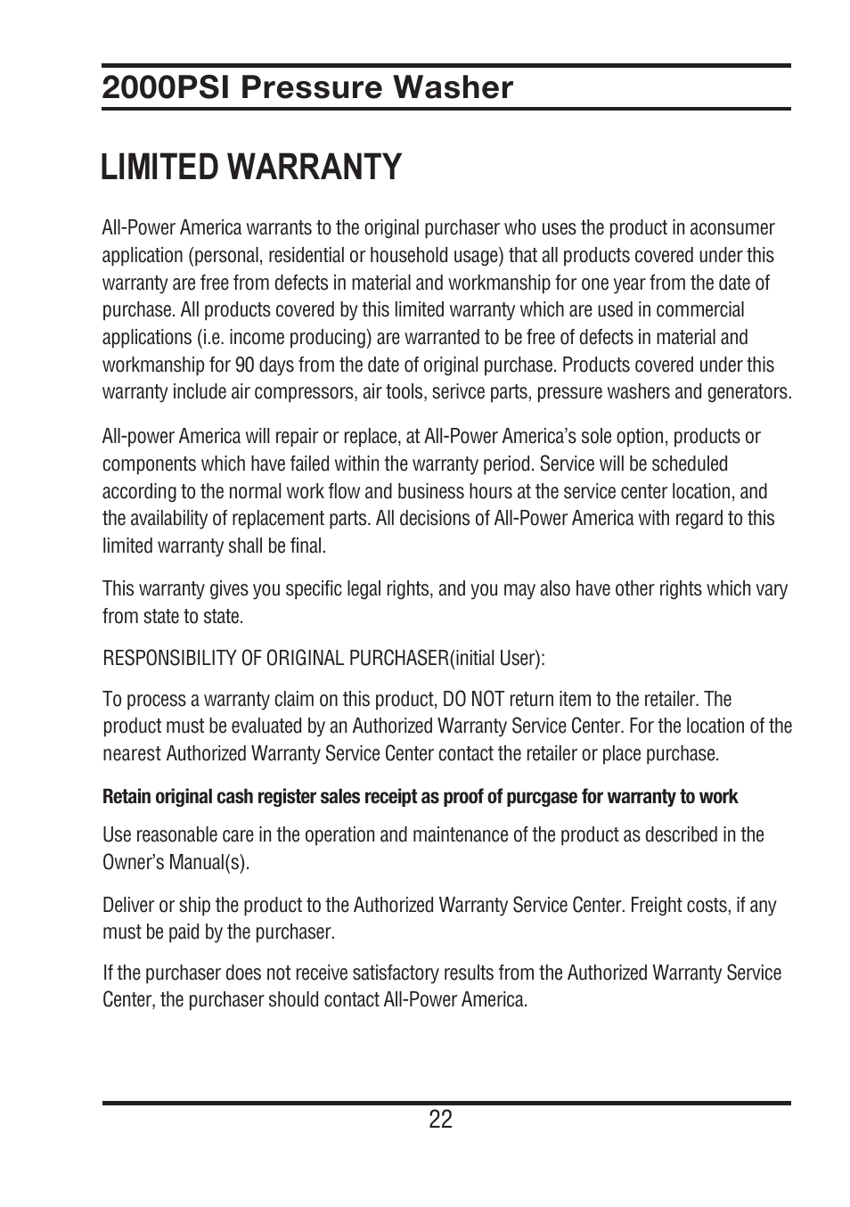 Limited warranty, 2000psi pressure washer | All Power APW5022 User Manual | Page 23 / 24