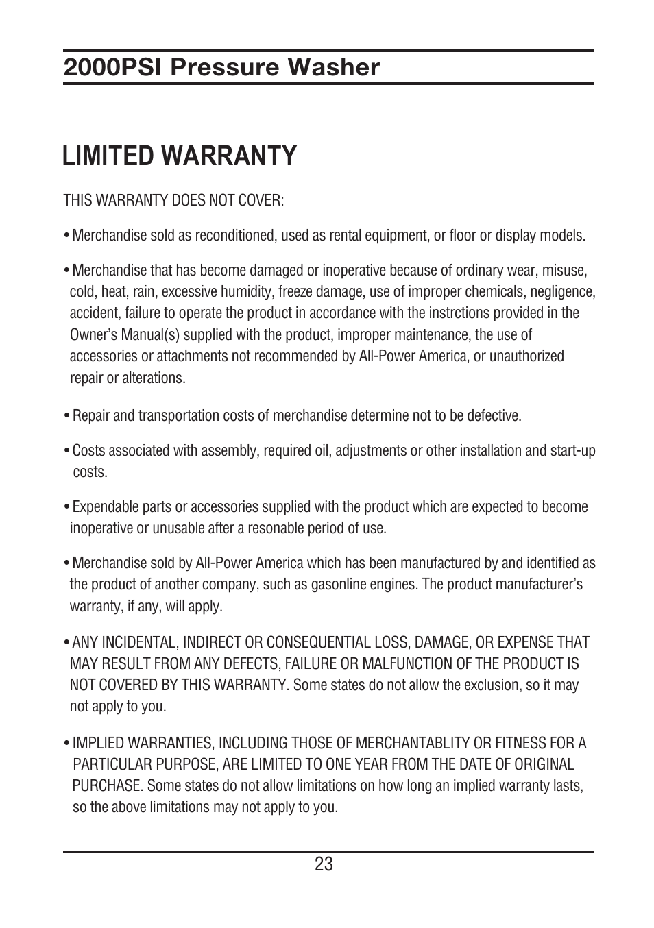 Limited warranty, 2000psi pressure washer | All Power APW5022 User Manual | Page 24 / 24