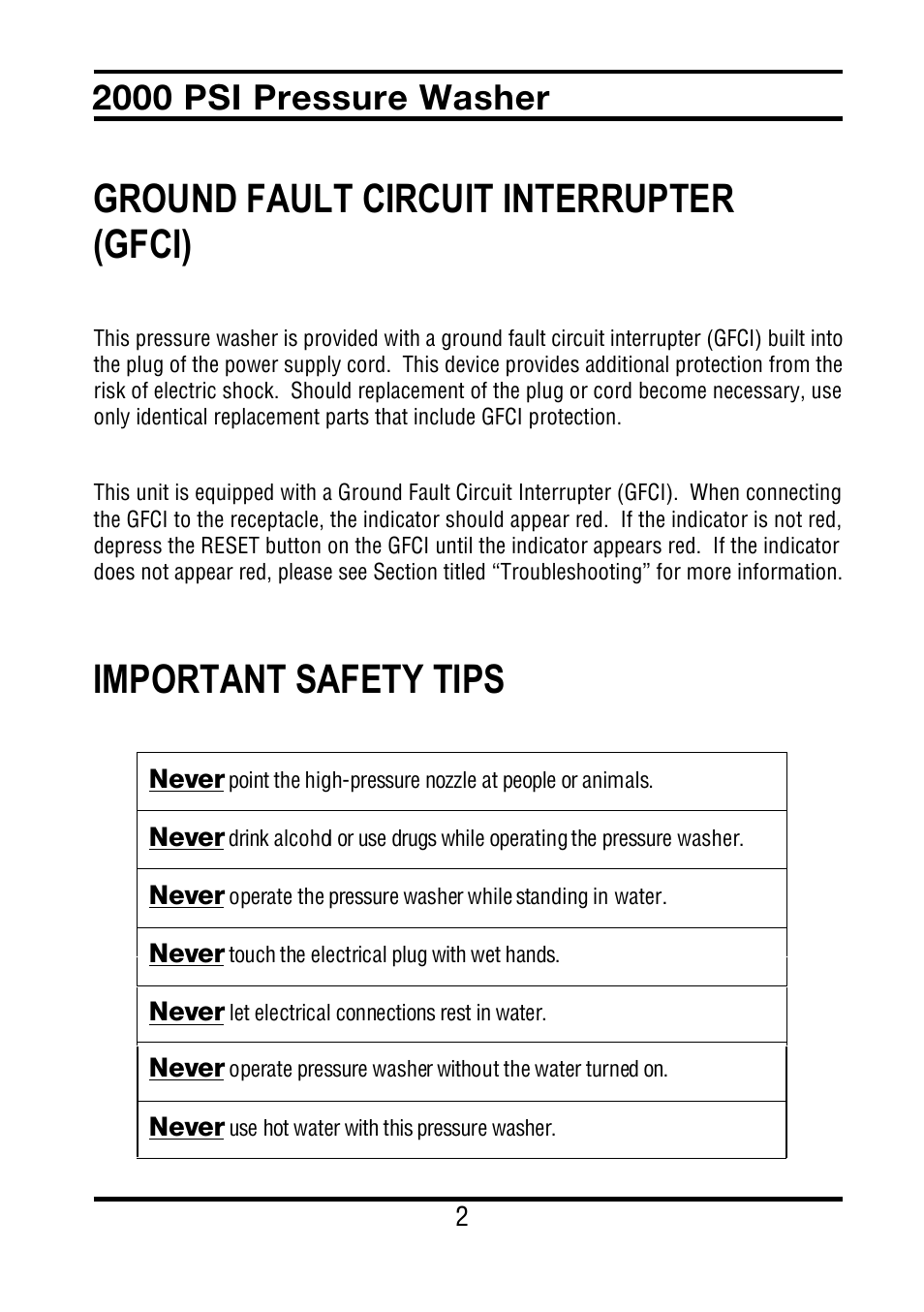 Ground fault circuit interrupter (gfci), Important safety tips, 2000 psi pressure washer | All Power APW5022 User Manual | Page 3 / 24