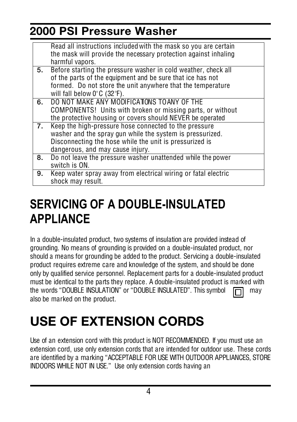 Servicing of a double-insulated appliance, Use of extension cords, 2000 psi pressure washer | All Power APW5022 User Manual | Page 5 / 24