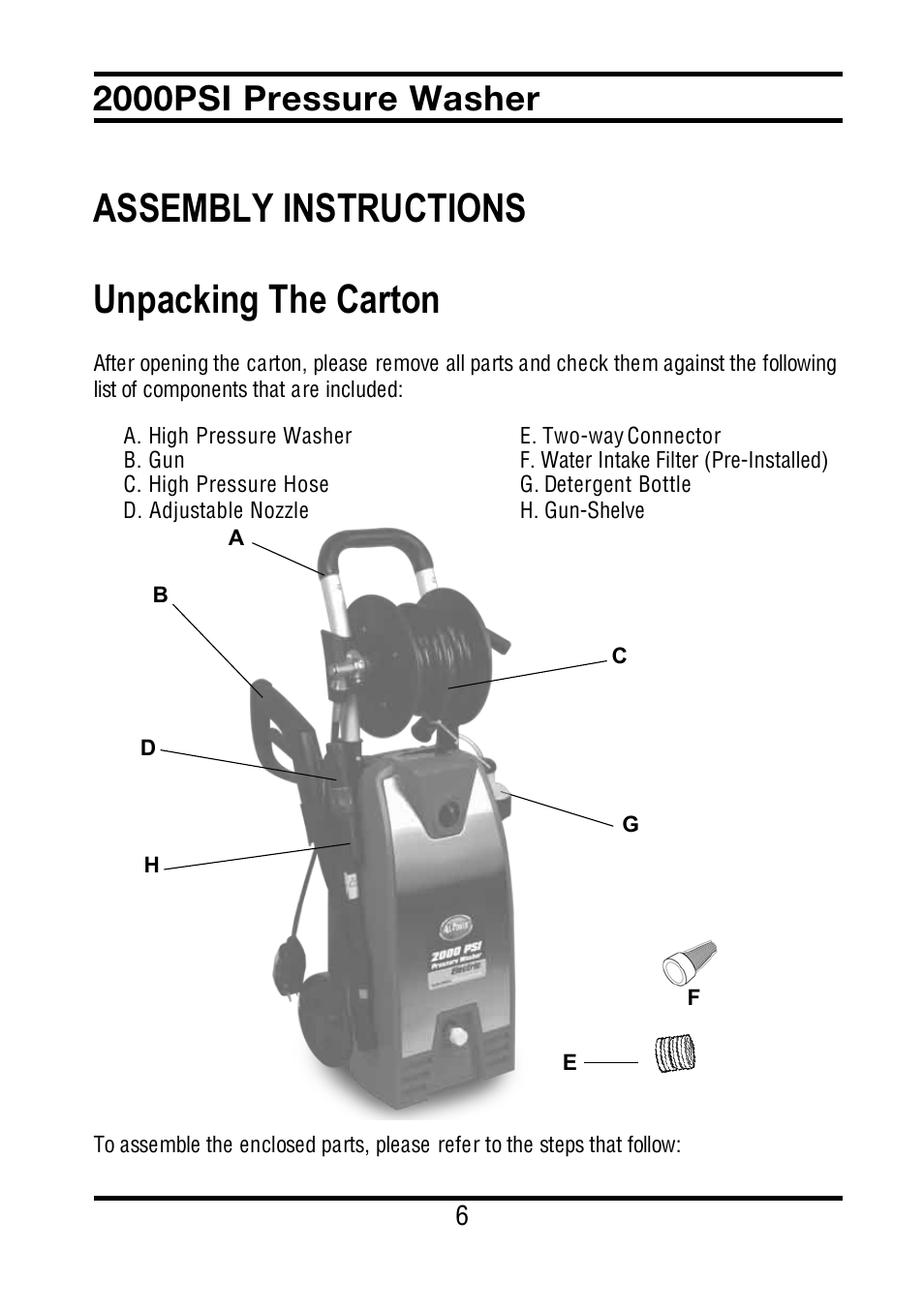 Assembly instructions unpacking the carton, 2000psi pressure washer | All Power APW5022 User Manual | Page 7 / 24
