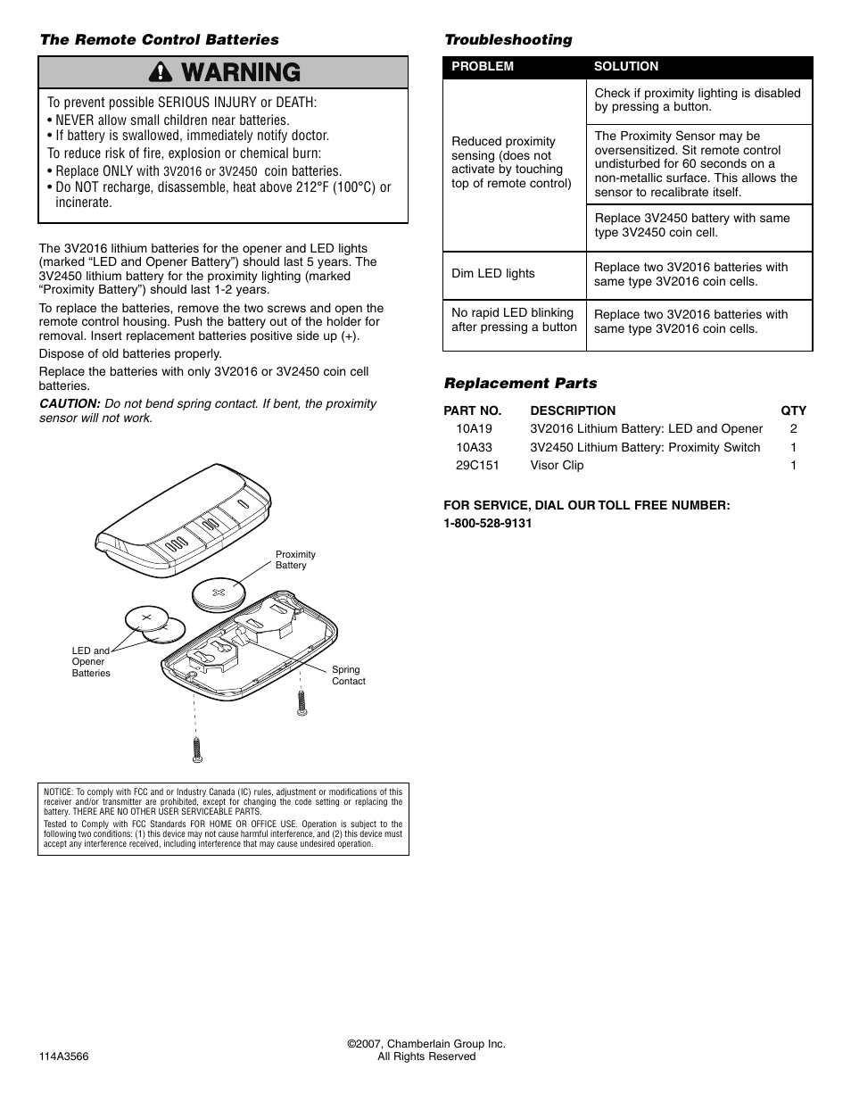 The remote control batteries, Troubleshooting, Replacement parts | Chamberlain 963D User Manual | Page 2 / 2