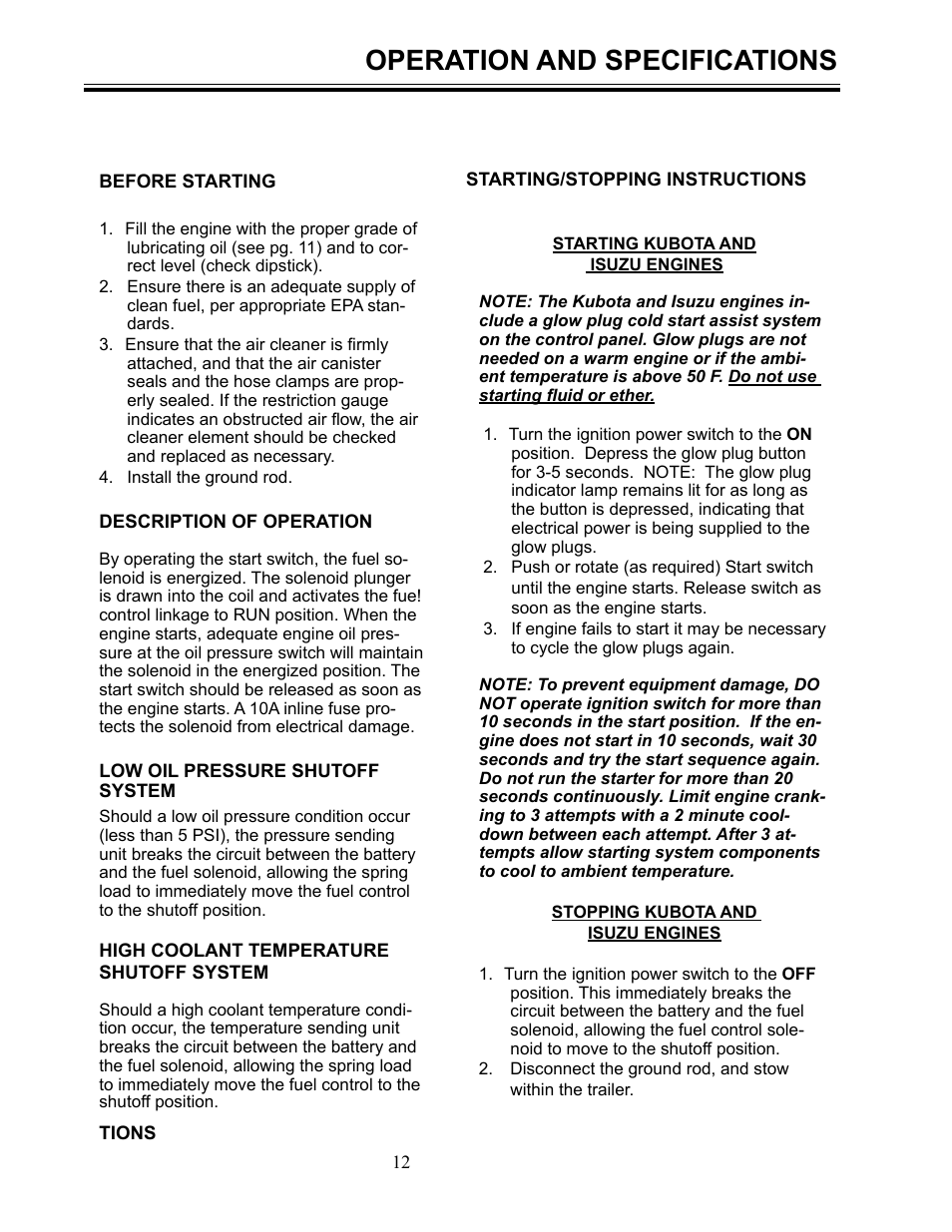 Operation and specifications | Allmand Brothers MLEX20-30KW V User Manual | Page 12 / 28