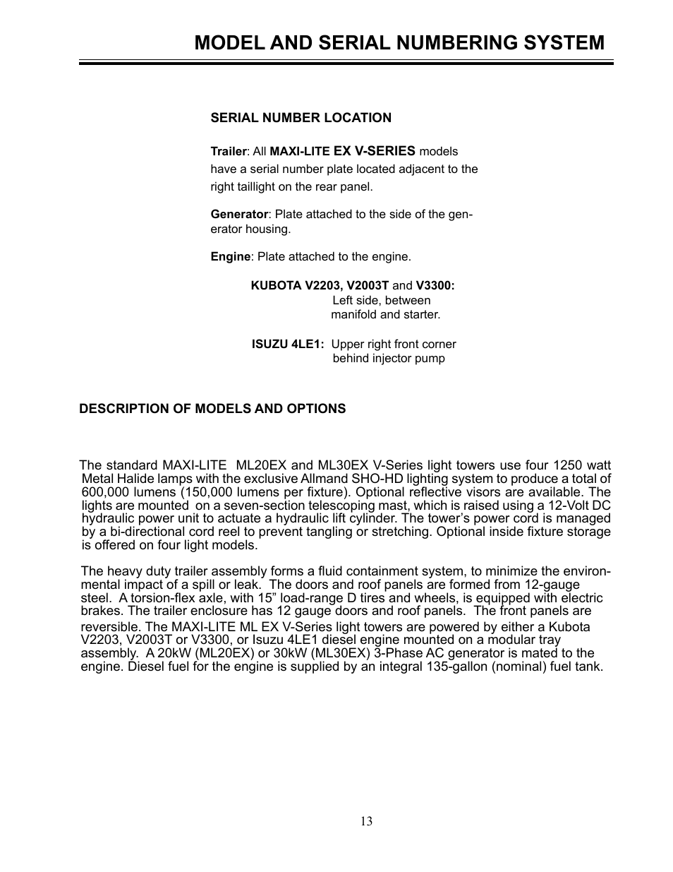 Model and serial numbering system | Allmand Brothers MLEX20-30KW V User Manual | Page 13 / 28