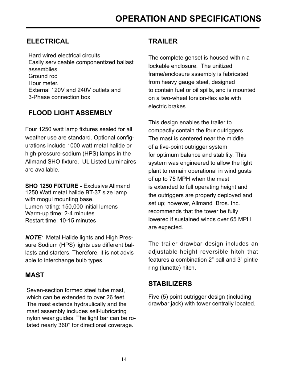 Operation and specifications | Allmand Brothers MLEX20-30KW V User Manual | Page 14 / 28