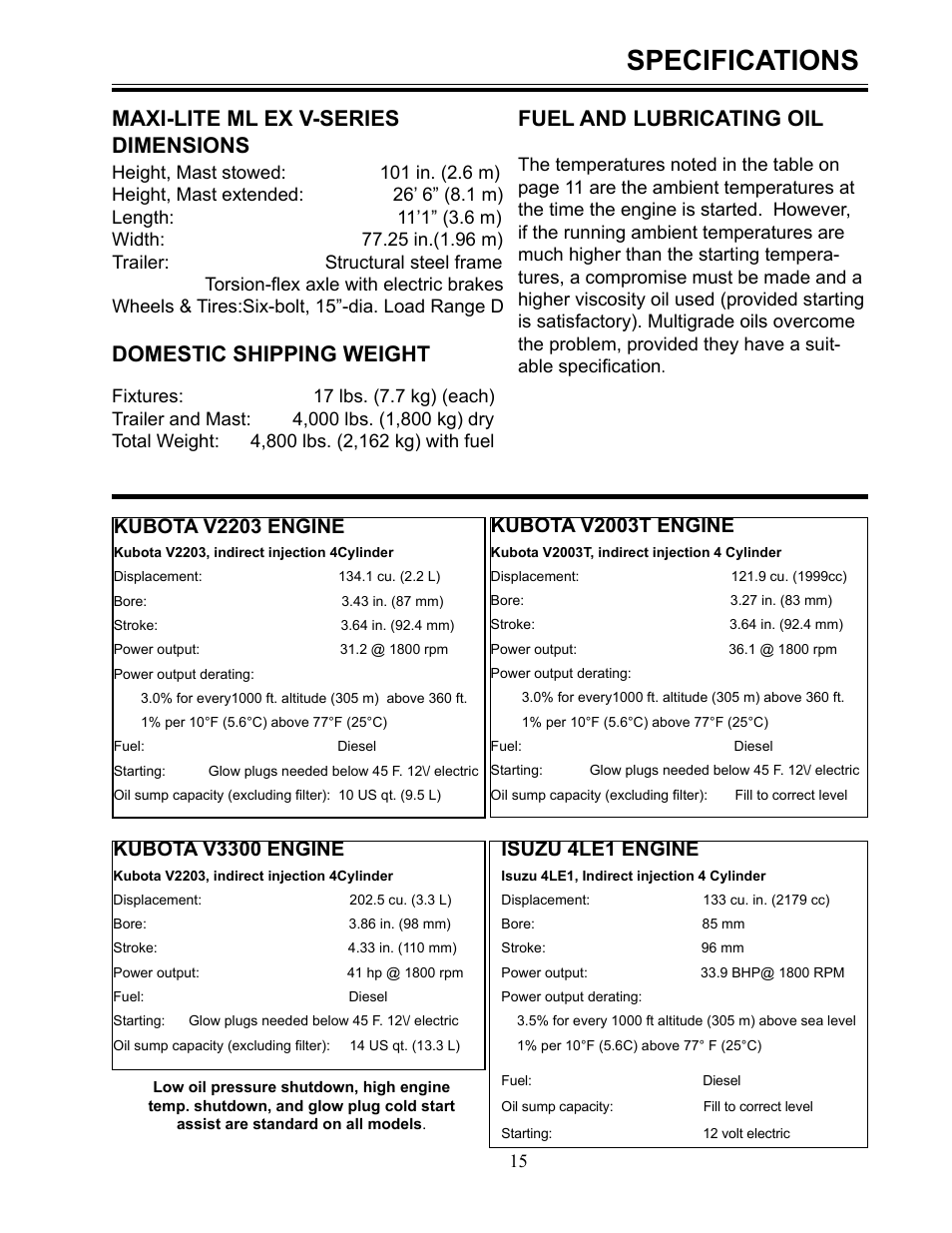 Specifications, Maxi-lite ml ex v-series dimensions, Domestic shipping weight | Fuel and lubricating oil | Allmand Brothers MLEX20-30KW V User Manual | Page 15 / 28