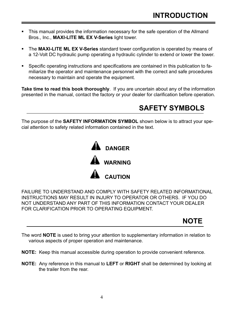 Introduction, Safety symbols | Allmand Brothers MLEX20-30KW V User Manual | Page 4 / 28