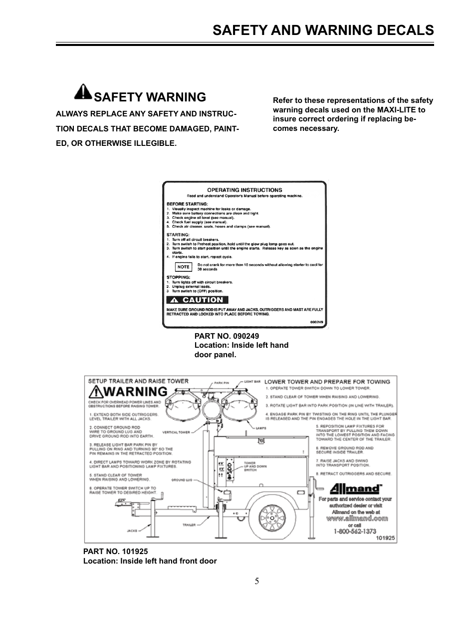 Safety and warning decals, Safety warning | Allmand Brothers MLEX20-30KW V User Manual | Page 5 / 28