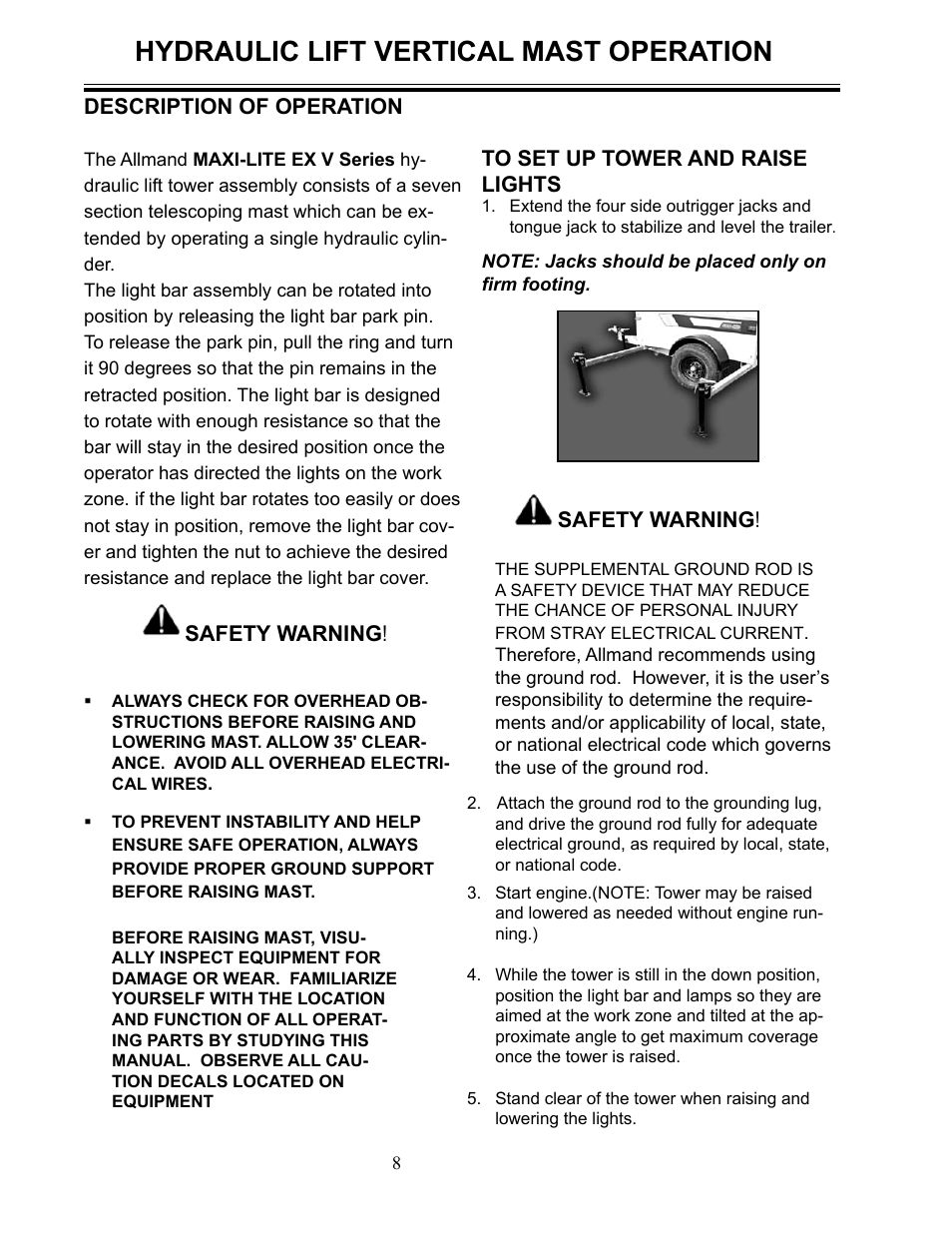 Hydraulic lift vertical mast operation | Allmand Brothers MLEX20-30KW V User Manual | Page 8 / 28