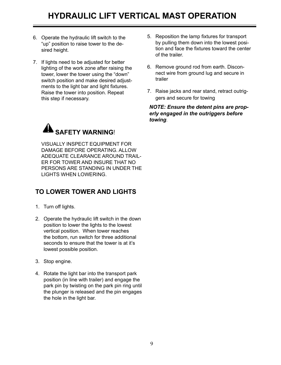 Hydraulic lift vertical mast operation, Safety warning | Allmand Brothers MLEX20-30KW V User Manual | Page 9 / 28