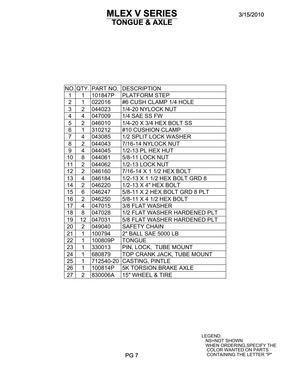 Tongue-axle bom, Mlex v series, Tongue & axle | Allmand Brothers MLEX20-30KW V User Manual | Page 19 / 41