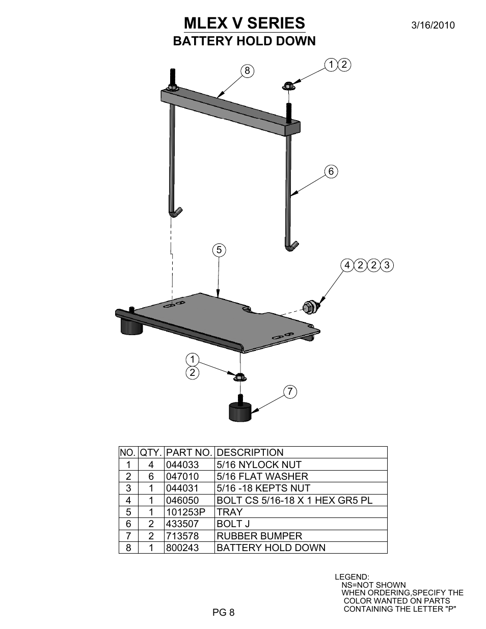 Pg 8d, Drawing view1, Mlex v series | Battery hold down | Allmand Brothers MLEX20-30KW V User Manual | Page 24 / 41