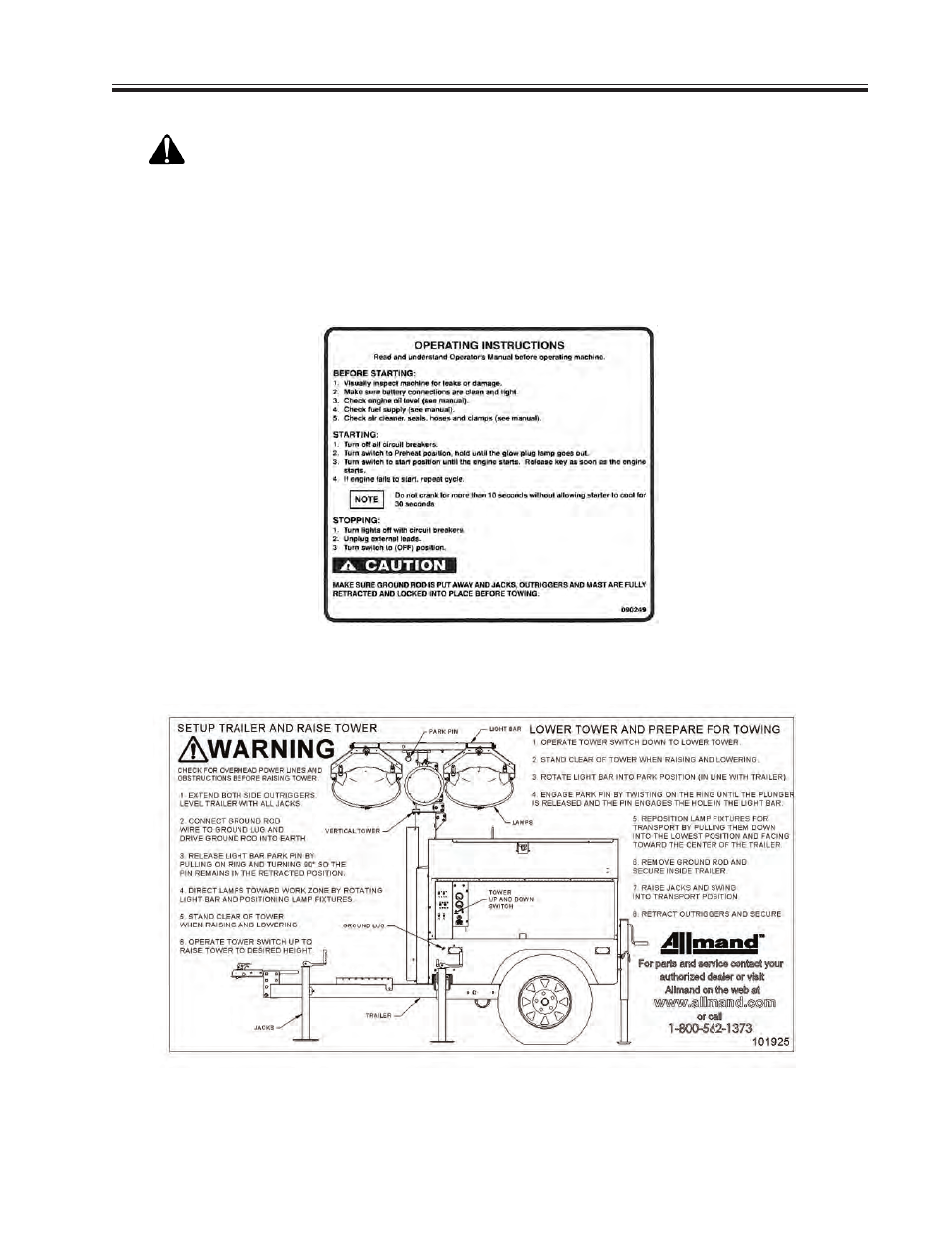 Safety and warning decals, Safety warning | Allmand Brothers 15-20 V - MLV15-20 HYDRAULIC User Manual | Page 5 / 26