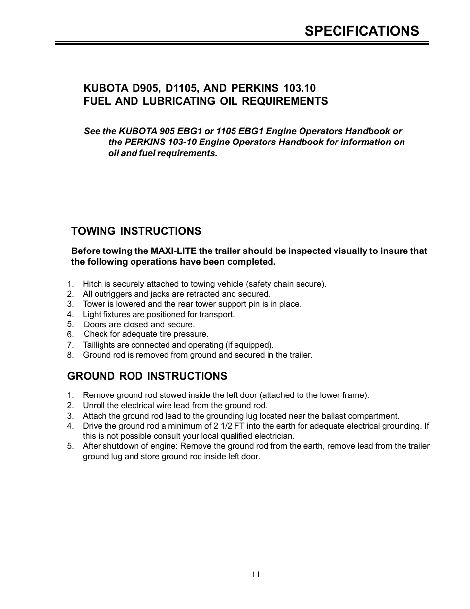 Specifications | Allmand Brothers I HYDRAULIC User Manual | Page 11 / 26