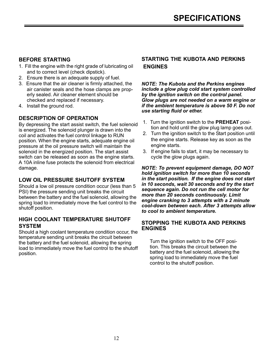 Specifications | Allmand Brothers I HYDRAULIC User Manual | Page 12 / 26