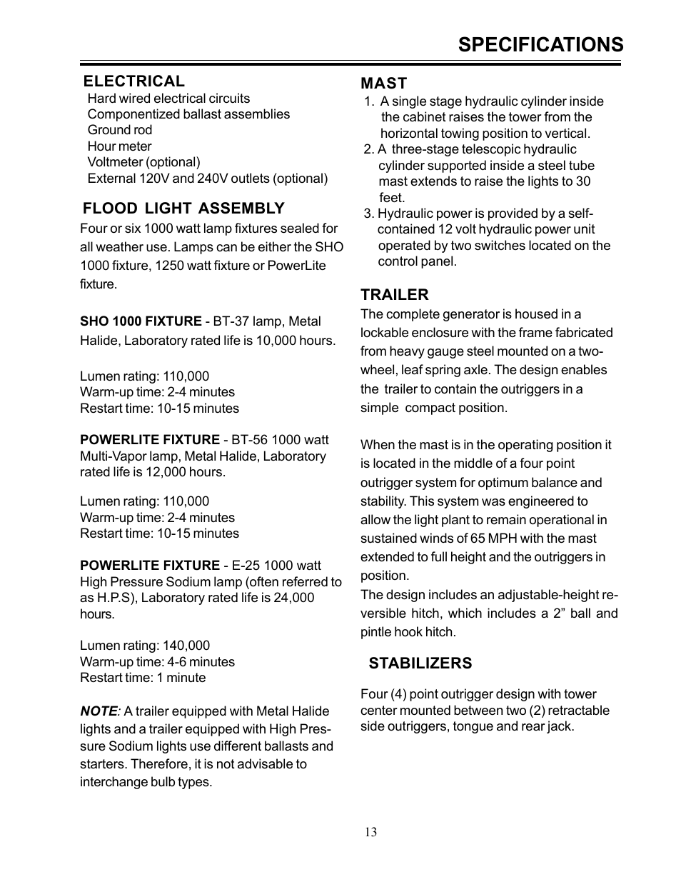 Specifications | Allmand Brothers I HYDRAULIC User Manual | Page 13 / 26