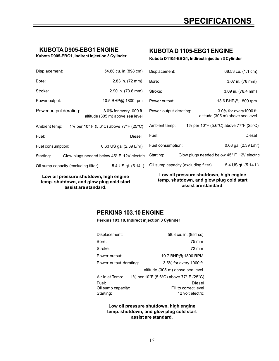 Specifications, Kubota d905-ebg1 engine | Allmand Brothers I HYDRAULIC User Manual | Page 15 / 26