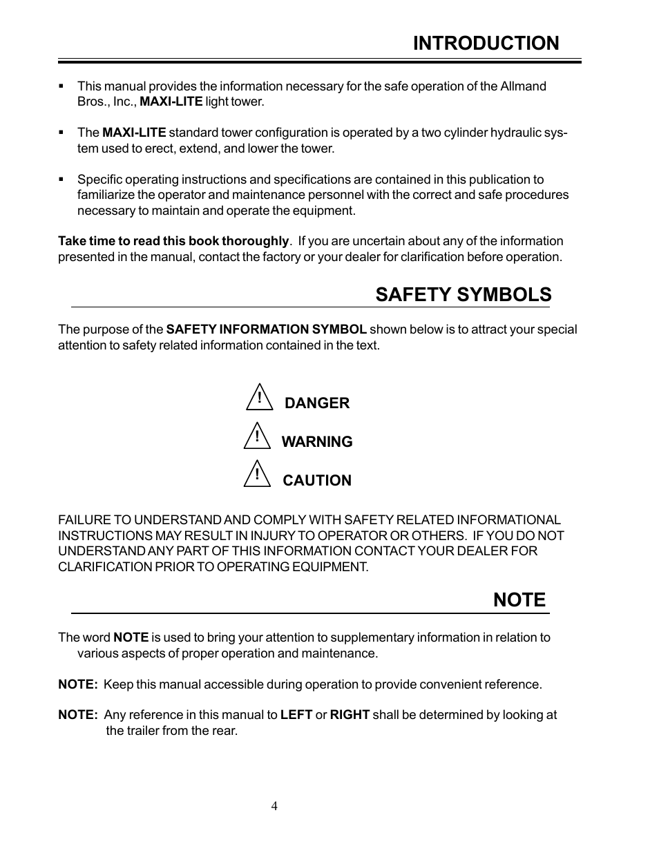 Introduction, Safety symbols | Allmand Brothers I HYDRAULIC User Manual | Page 4 / 26