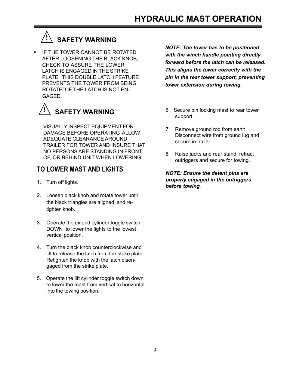 Hydraulic mast operation | Allmand Brothers I HYDRAULIC User Manual | Page 9 / 26