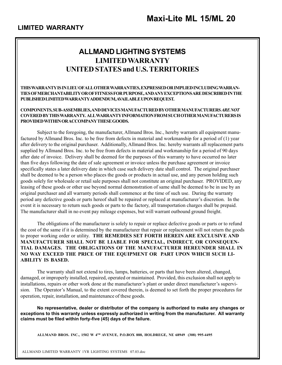 Maxi-lite ml 15/ml 20, Limited warranty | Allmand Brothers ML15-20 LD User Manual | Page 120 / 121