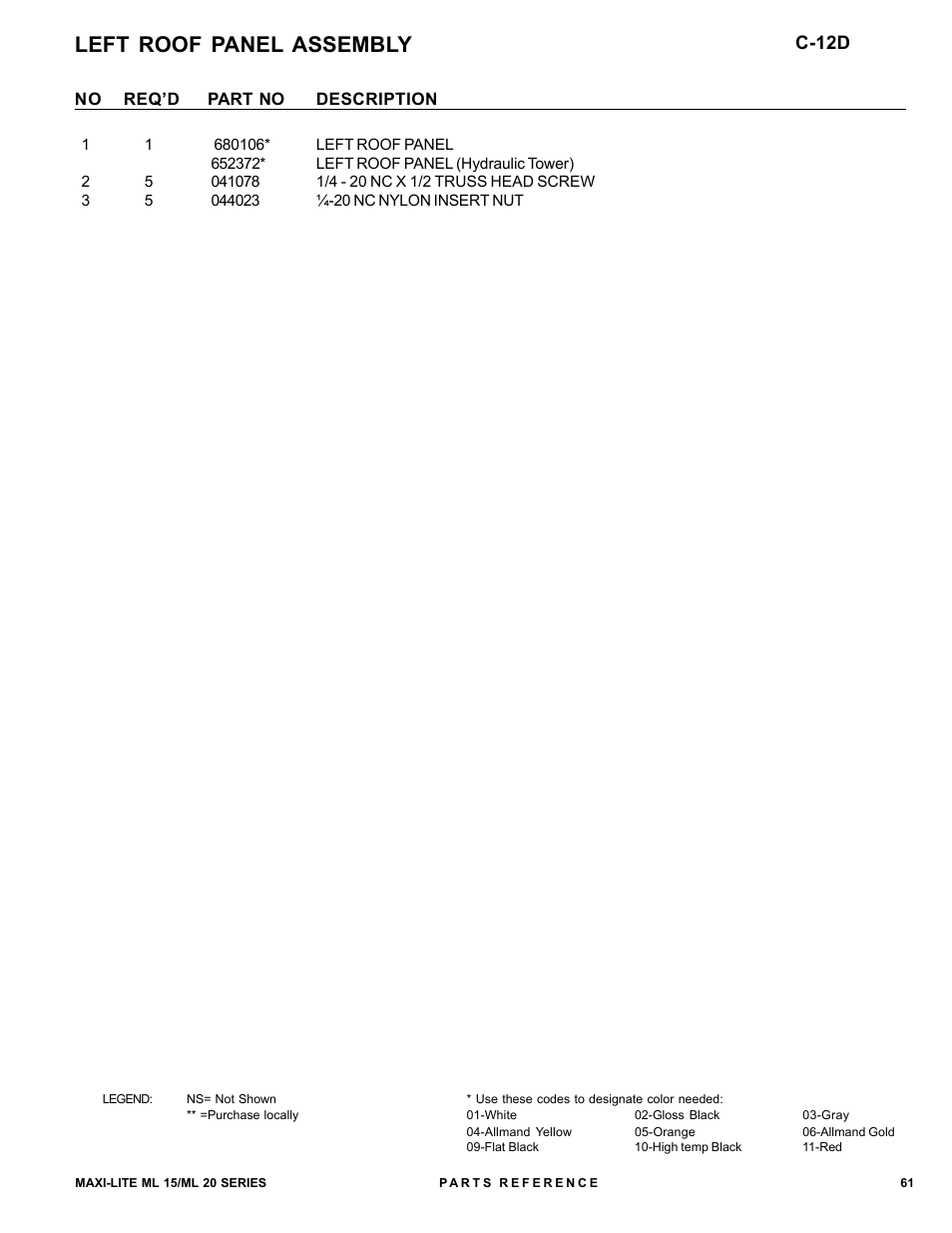 Left roof panel assembly, C-12d | Allmand Brothers ML15-20 LD User Manual | Page 61 / 121