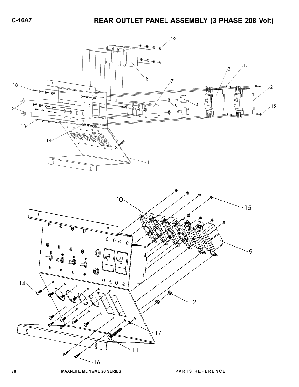 Rear outlet panel assembly (3 phase 208 volt) | Allmand Brothers ML15-20 LD User Manual | Page 78 / 121